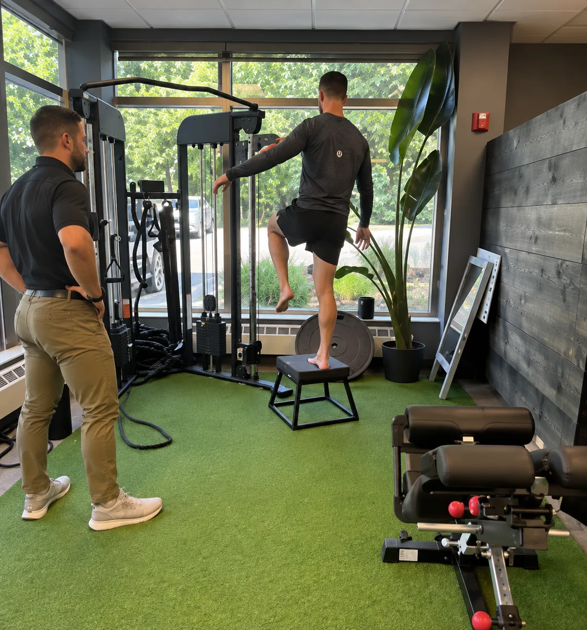A Bridge coach guiding an athlete through single-leg step-up balance work